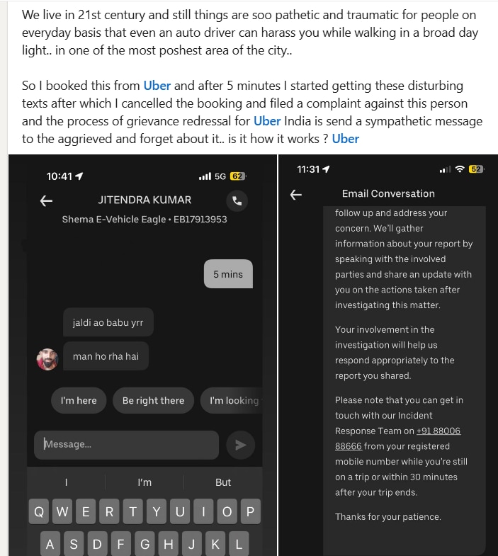 घटना के बारे में शिकायत करने के बाद वकील ने उबेर से एक प्रतिक्रिया भी साझा की।